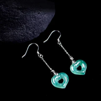 Natural Ice-Glutinous Jadeite Heart Drop Earrings S925 Silver Love Amulet