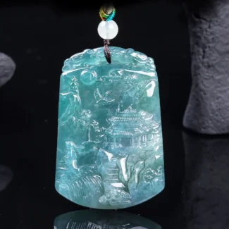 Natural Jadeite Landscape Pendant | Hand-Carved Shanshui Amulet for Success & Support