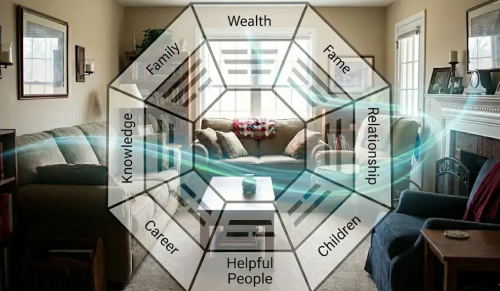 Feng Shui Meaning: How to Balance Energy in Your Life Every Day 2 - Buddha Bodhis This image shows how the Bagua map is used to tune your space, connecting the physical layout of your home to different areas of your life.