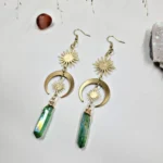 Handcrafted Celestial Sun & Moon Earrings | Green Aura Quartz Points for Heart Healing - Buddha Bodhis Handcrafted Celestial Sun & Moon Earrings Green Aura Quartz Points for Heart Healing