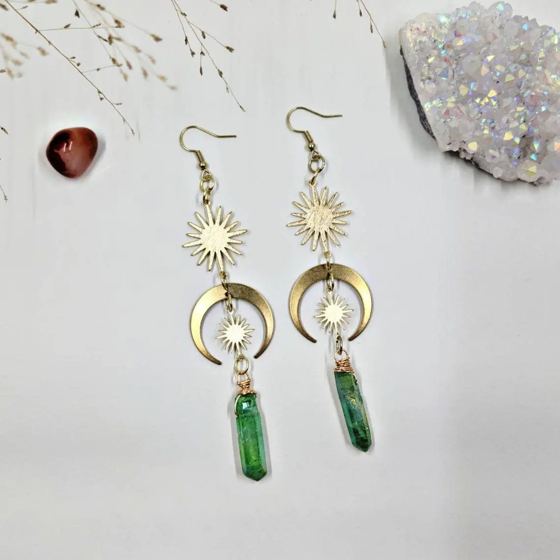Handcrafted Celestial Sun & Moon Earrings Green Aura Quartz Points for Heart Healing (2) Handcrafted Celestial Sun & Moon Earrings Green Aura Quartz Points for Heart Healing