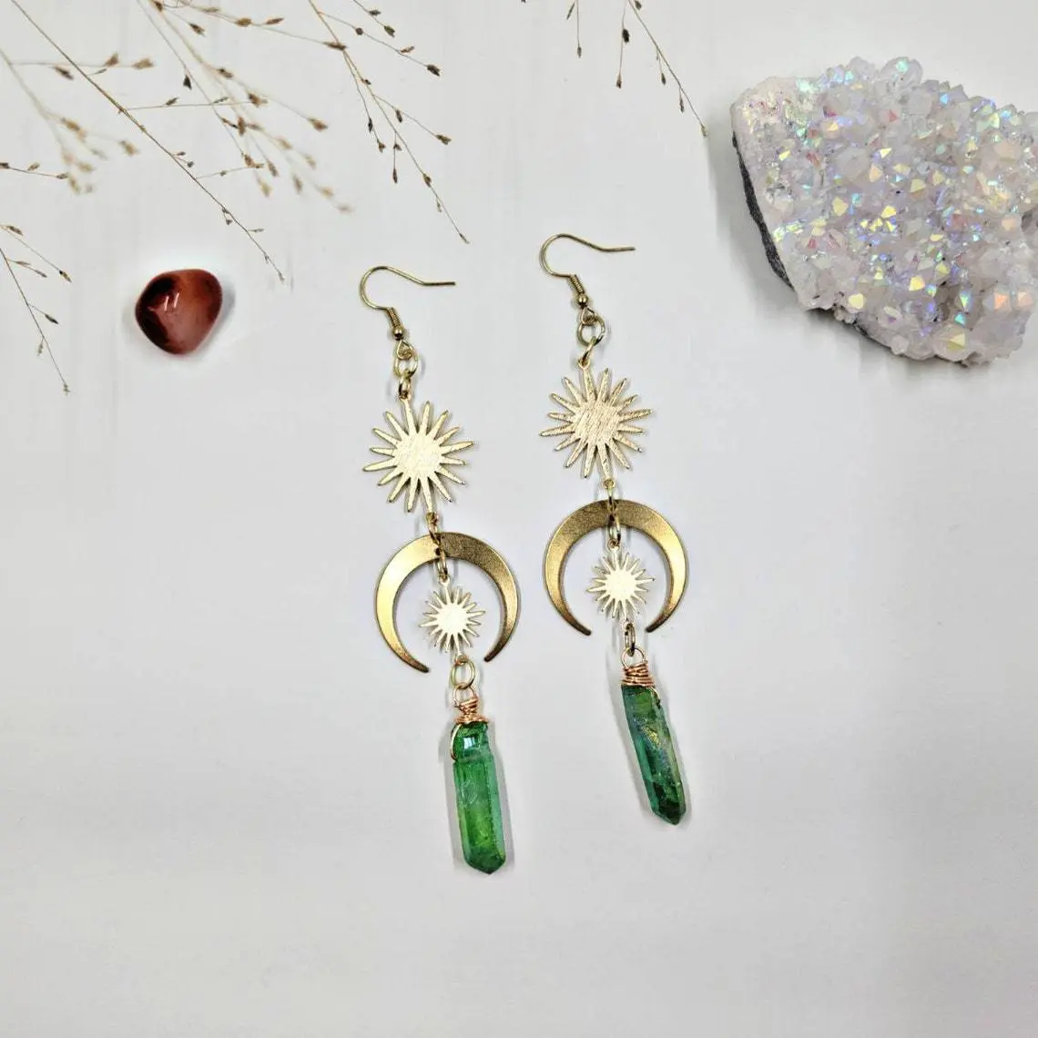 Handcrafted Celestial Sun & Moon Earrings Green Aura Quartz Points for Heart Healing (3) Handcrafted Celestial Sun & Moon Earrings Green Aura Quartz Points for Heart Healing