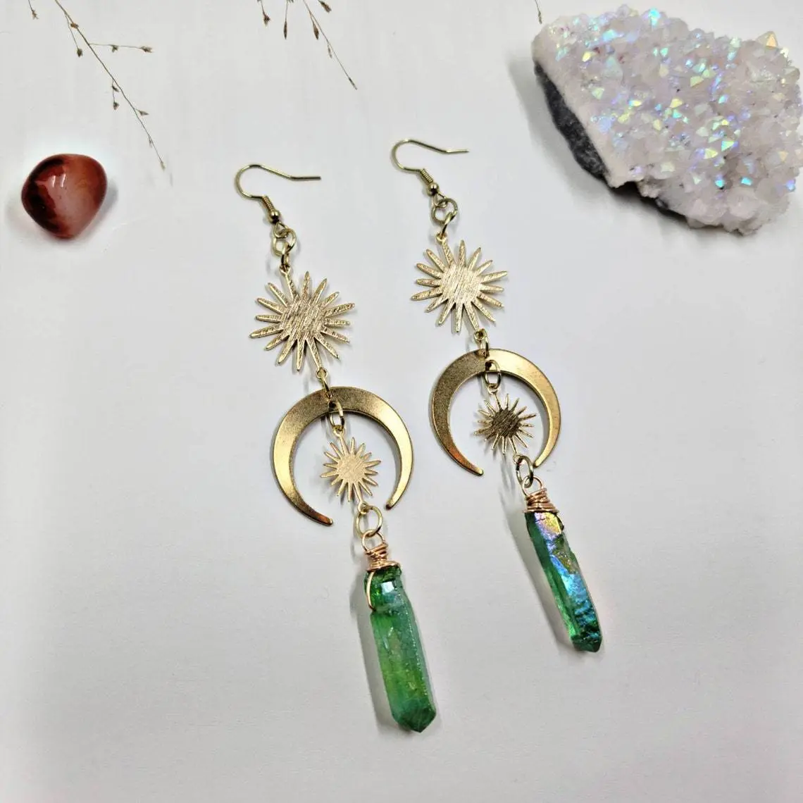 Handcrafted Celestial Sun & Moon Earrings Green Aura Quartz Points for Heart Healing (4) Handcrafted Celestial Sun & Moon Earrings Green Aura Quartz Points for Heart Healing