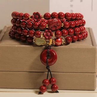 Handcrafted Natural Red Cinnabar 4-Wrap Bracelet Double Fish & Safety Buckle Amulet