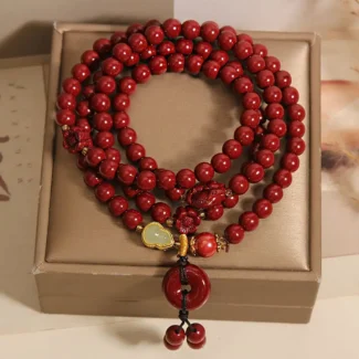 Handcrafted Natural Red Cinnabar 4-Wrap Bracelet Double Fish & Safety Buckle Amulet