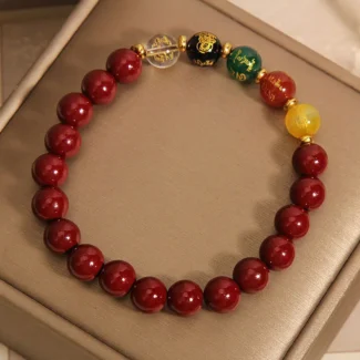 Handcrafted Natural Red Cinnabar Bracelet Five-Way Wealth God Amulet for Prosperity & Protection