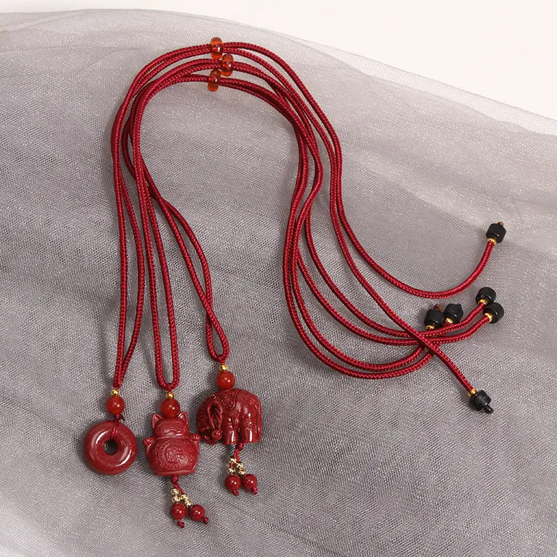 Handcrafted Natural Red Cinnabar Necklace Safety Buckle, Elephant & Lucky Cat Amulets (1) Handcrafted Natural Red Cinnabar Necklace Safety Buckle, Elephant & Lucky Cat Amulets