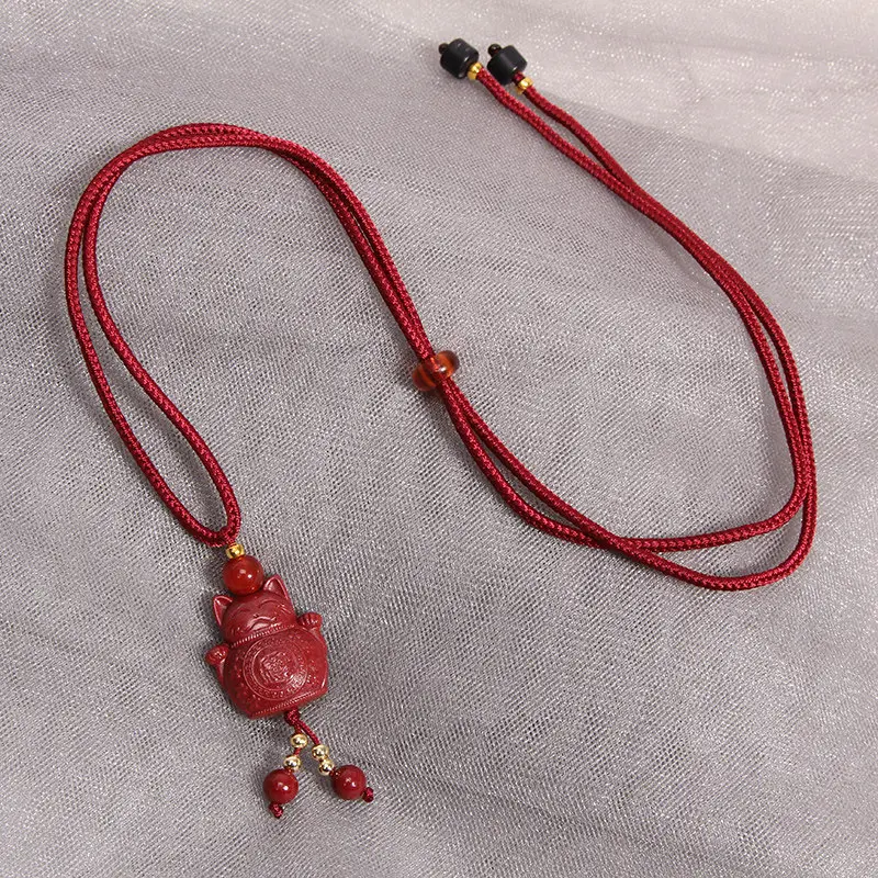 Handcrafted Natural Red Cinnabar Necklace Safety Buckle, Elephant & Lucky Cat Amulets (3) Handcrafted Natural Red Cinnabar Necklace Safety Buckle, Elephant & Lucky Cat Amulets