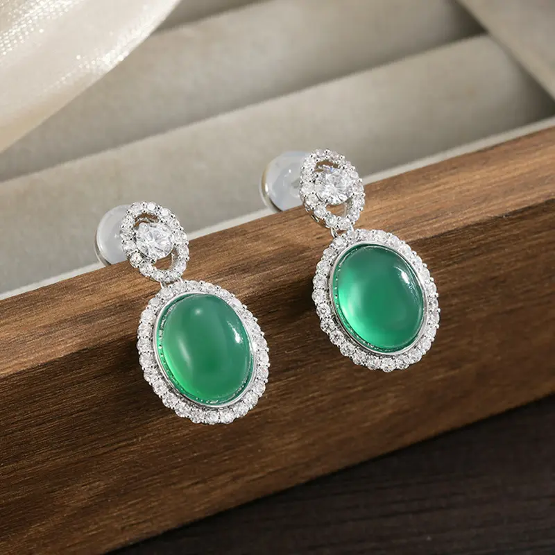 Handcrafted Vintage Green Chalcedony & S925 Silver Earrings Oval Halo for Heart Chakra Healing (2) Handcrafted Vintage Green Chalcedony & S925 Silver Earrings Oval Halo for Heart Chakra Healing