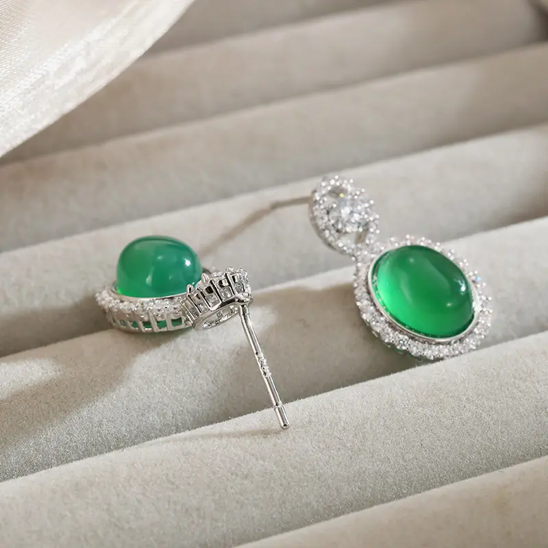 Handcrafted Vintage Green Chalcedony & S925 Silver Earrings Oval Halo for Heart Chakra Healing (4) Handcrafted Vintage Green Chalcedony & S925 Silver Earrings Oval Halo for Heart Chakra Healing