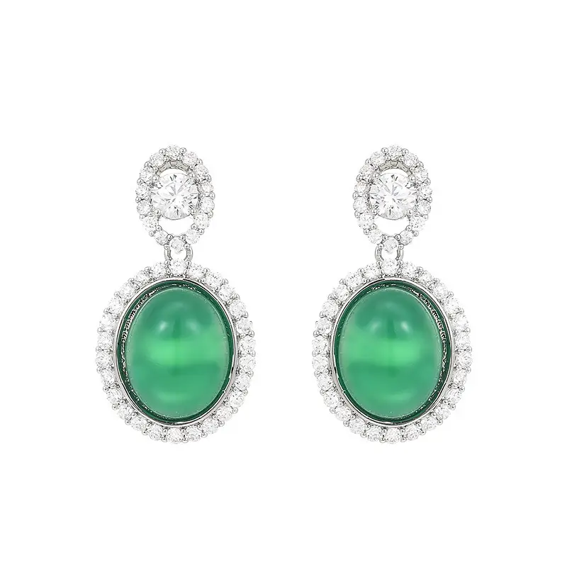 Handcrafted Vintage Green Chalcedony & S925 Silver Earrings Oval Halo for Heart Chakra Healing (5) Handcrafted Vintage Green Chalcedony & S925 Silver Earrings Oval Halo for Heart Chakra Healing