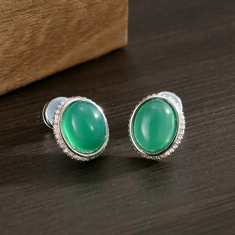 Natural Green Chalcedony & S925 Silver Stud Earrings Radiant Halo for Emotional Calm (1) Natural Green Chalcedony & S925 Silver Stud Earrings | Radiant Halo for Emotional Calm