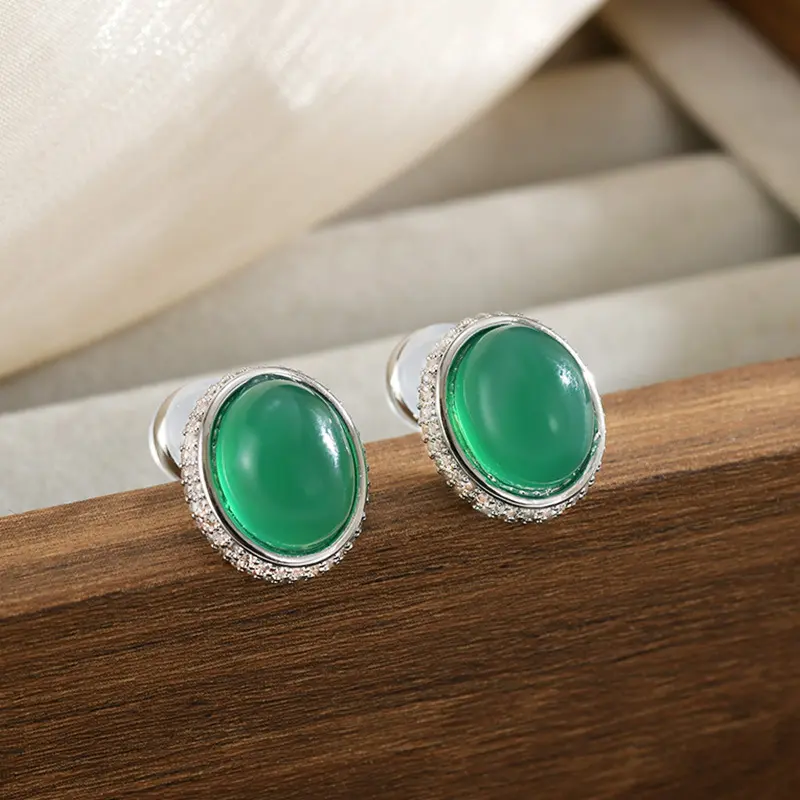 Natural Green Chalcedony & S925 Silver Stud Earrings Radiant Halo for Emotional Calm (2) Natural Green Chalcedony & S925 Silver Stud Earrings | Radiant Halo for Emotional Calm