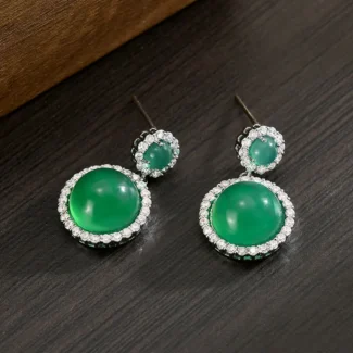 Natural Green Chalcedony & S925 Silver Stud Earrings Vintage Halo Design for Heart Healing