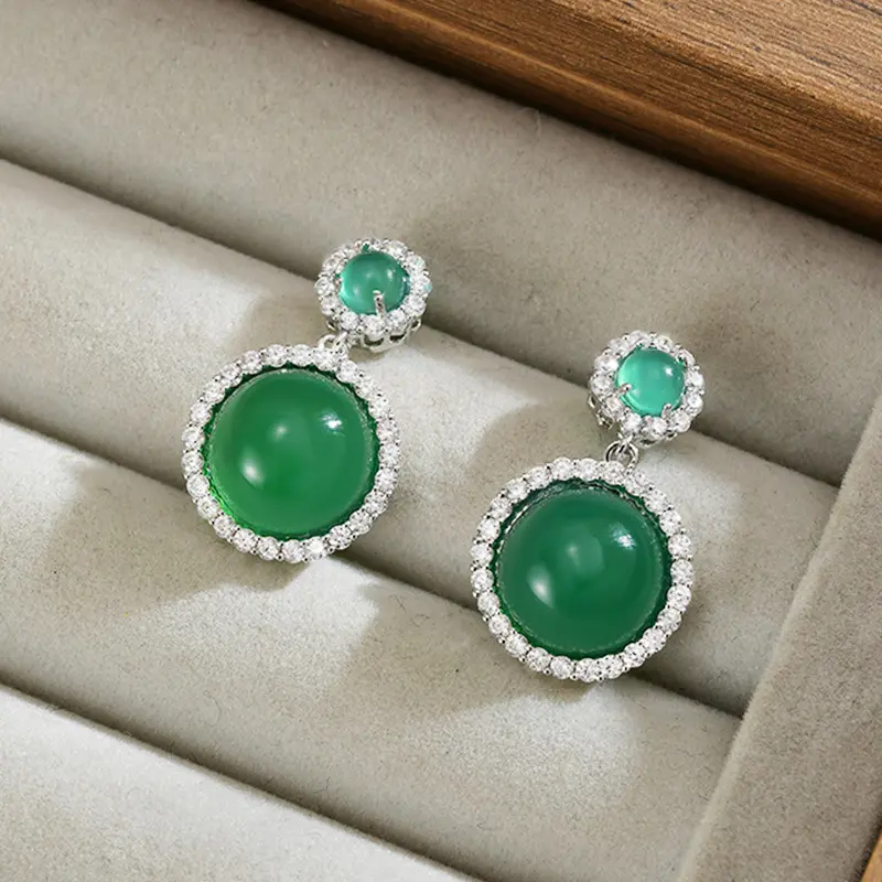 Natural Green Chalcedony & S925 Silver Stud Earrings Vintage Halo Design for Heart Healing (2) Natural Green Chalcedony & S925 Silver Stud Earrings Vintage Halo Design for Heart Healing