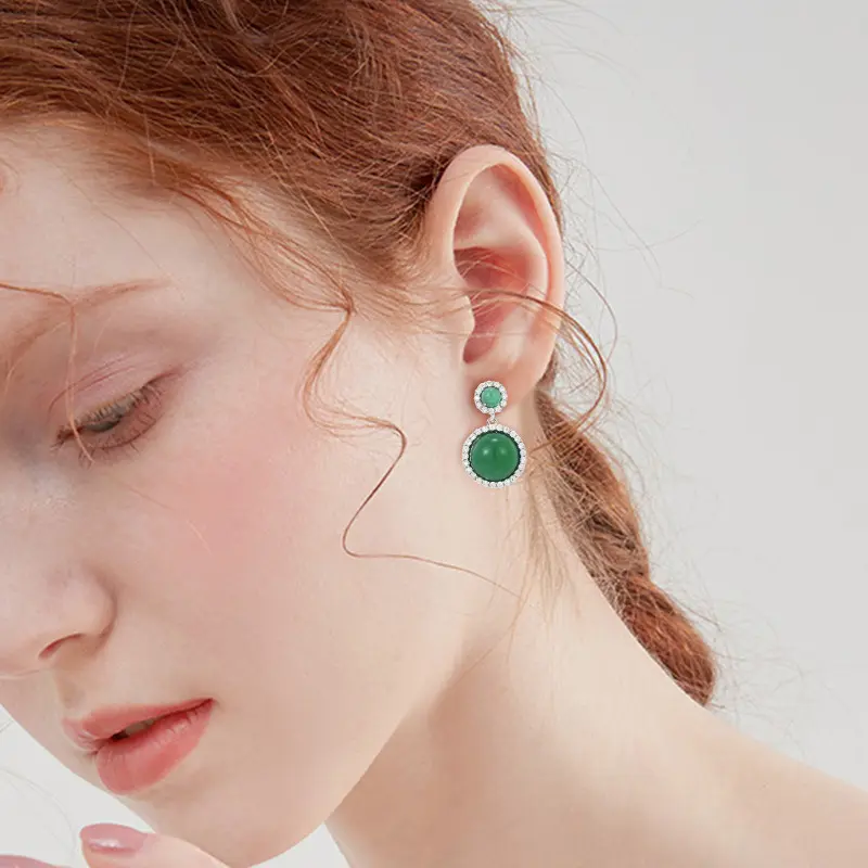 Natural Green Chalcedony & S925 Silver Stud Earrings Vintage Halo Design for Heart Healing (3) Natural Green Chalcedony & S925 Silver Stud Earrings Vintage Halo Design for Heart Healing