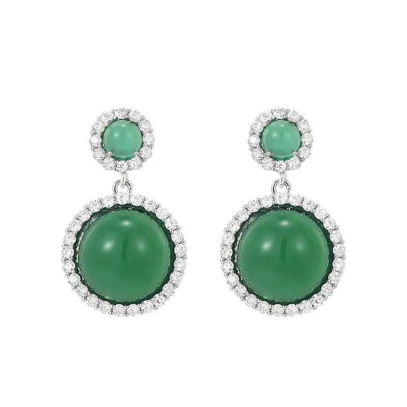Natural Green Chalcedony & S925 Silver Stud Earrings Vintage Halo Design for Heart Healing (5) Natural Green Chalcedony & S925 Silver Stud Earrings Vintage Halo Design for Heart Healing