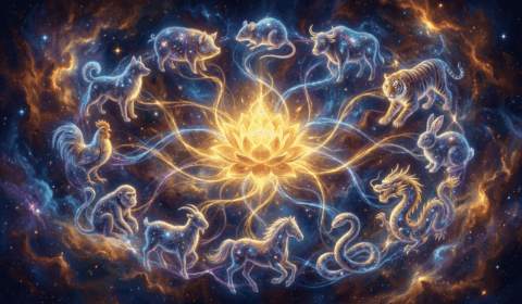 Celestial Chinese zodiac animals surrounding a glowing golden lotus in cosmic mandala