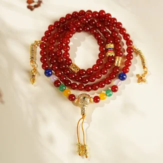 Home 12 - Buddha Bodhis Handcrafted 108 Red Agate Mala Bracelet Lapis Lazuli & Agate Amulet