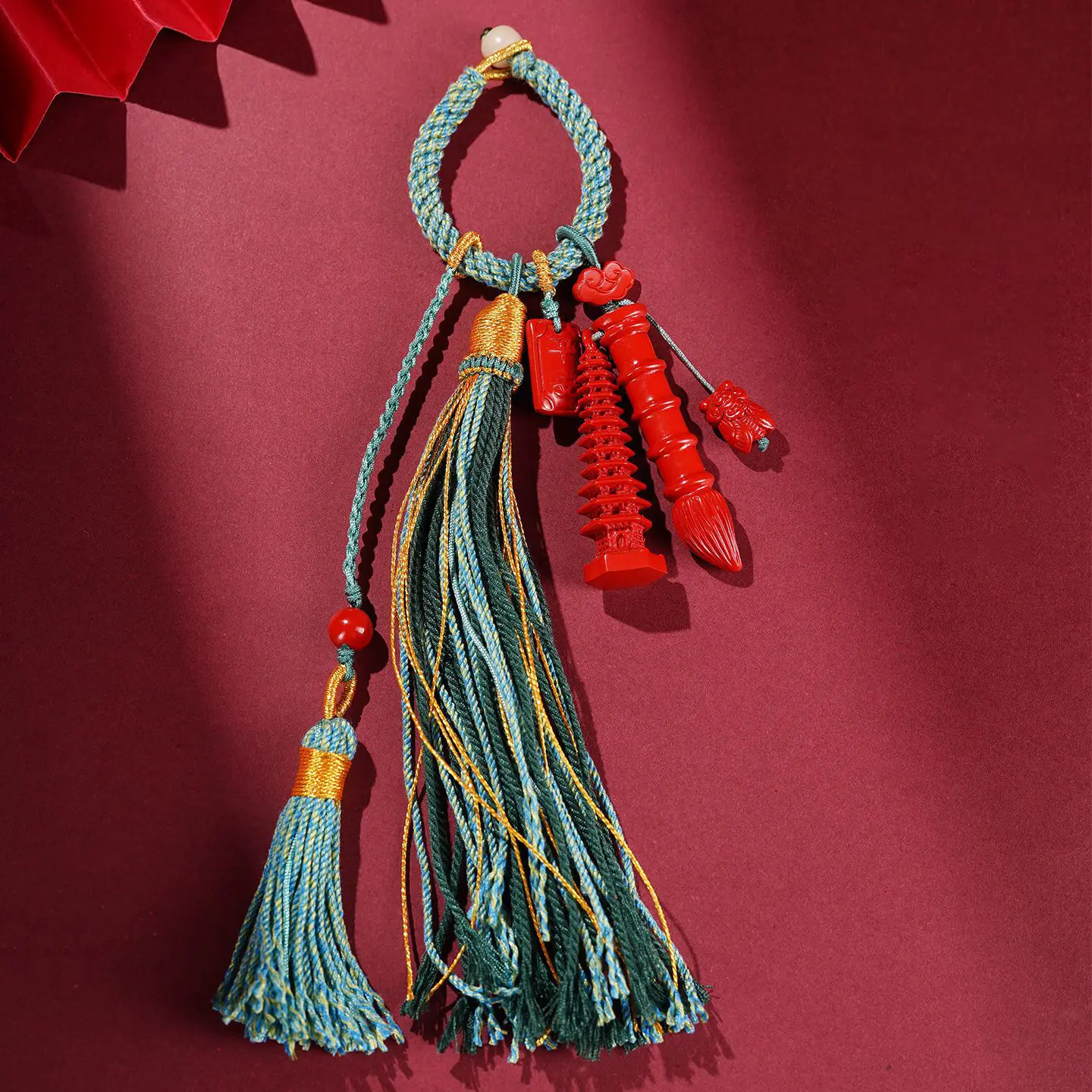 Handcrafted Natural Red Cinnabar Wenchang Pagoda Keychain Wisdom & Focus Amulet (1) Handcrafted Natural Red Cinnabar Wenchang Pagoda Keychain Wisdom & Focus Amulet