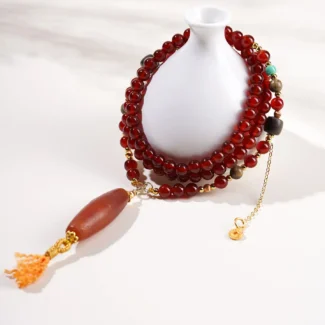 Home 69 - Buddha Bodhis Handcrafted Red Agate Mala Necklace - Ethnic Eaglewood & Turquoise Amulet