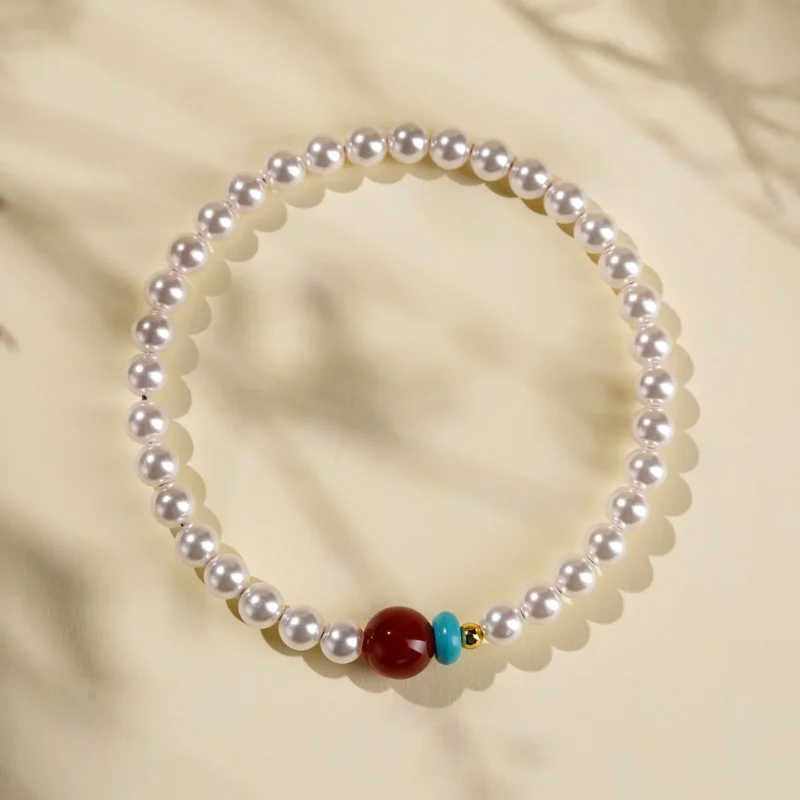 Handcrafted Shell Pearl & Red Agate Bracelet Vitality & Serenity (1) Handcrafted Shell Pearl & Red Agate Bracelet Vitality & Serenity