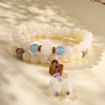Handcrafted White Bodhi Seed Double-Wrap Bracelet | Blue Chalcedony Amulet - Buddha Bodhis Handcrafted White Bodhi Seed Double-Wrap Bracelet Blue Chalcedony Amulet