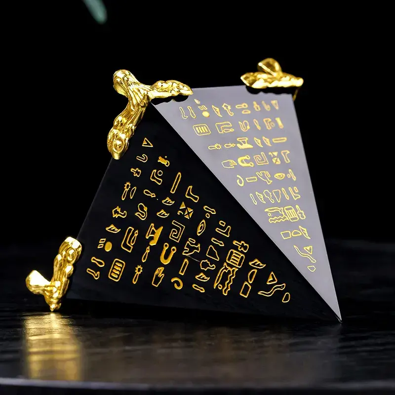 Natural Black Obsidian Pyramid Statue - Hand-Engraved Protection Decor (2) Natural Black Obsidian Pyramid Statue - Hand-Engraved Protection Decor