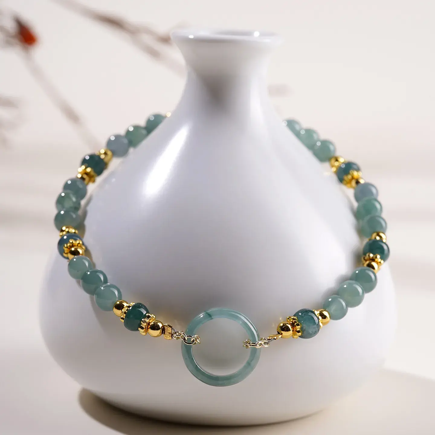 Natural Green Jade Bracelet - Handcrafted Ping An Kou Amulet (1) Natural Green Jade Bracelet - Handcrafted Ping An Kou Amulet