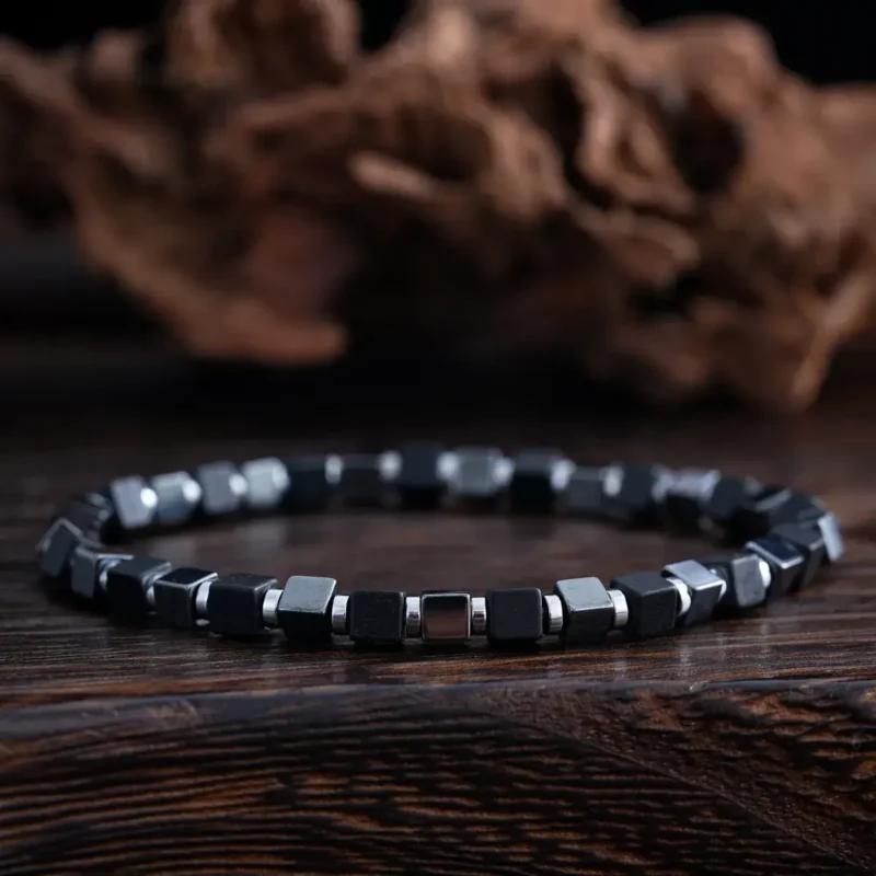 Natural Hematite Square Bead Bracelet – Minimalist Grounding Stone (2) Natural Hematite Square Bead Bracelet - Minimalist Grounding Stone