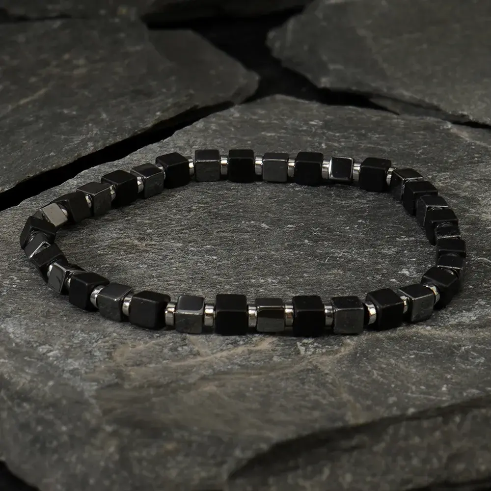 Natural Hematite Square Bead Bracelet - Minimalist Grounding Stone (3) Natural Hematite Square Bead Bracelet - Minimalist Grounding Stone