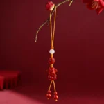 Natural Red Cinnabar God of Wealth Phone Charm | White Agate & Mantra Amulet - Buddha Bodhis Natural Red Cinnabar God of Wealth Phone Charm | White Agate & Mantra Amulet