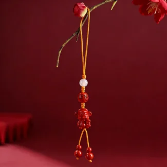 Home 22 - Buddha Bodhis Natural Red Cinnabar God of Wealth Phone Charm | White Agate & Mantra Amulet