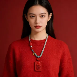 Natural Red Cinnabar Nine Syllable Mantra Protection Necklace