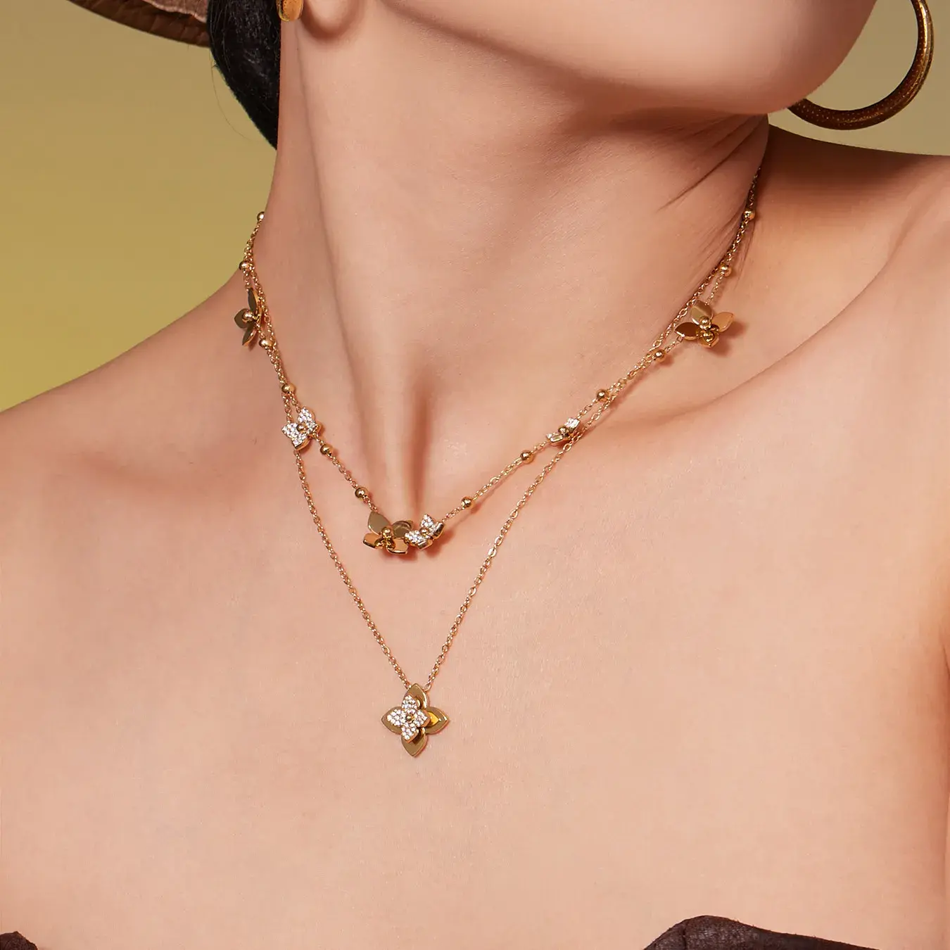 Natural Shell Bead Flower Jewelry Set - Titanium Steel Zircon Amulet (2) Natural Shell Bead Flower Jewelry Set - Titanium Steel Zircon Amulet