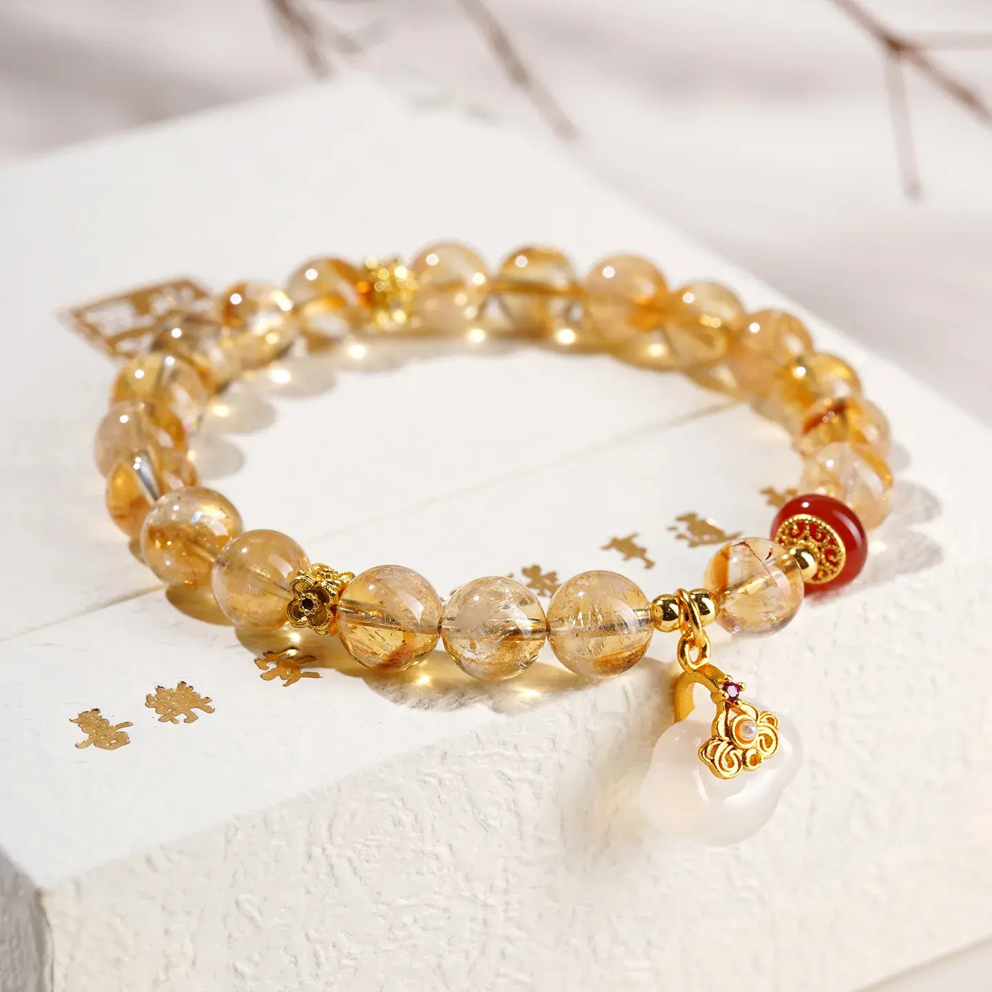 Natural Tower Citrine Bracelet - Handcrafted White Agate Ruyi Amulet (1) Natural Tower Citrine Bracelet - Handcrafted White Agate Ruyi Amulet