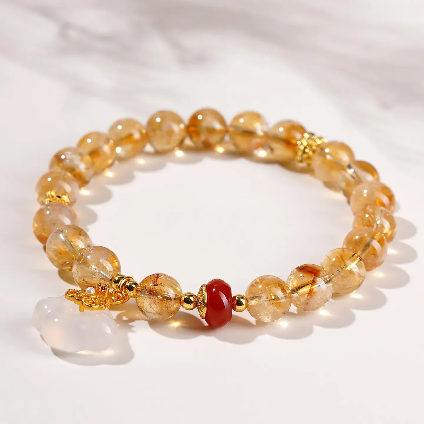 Natural Tower Citrine Bracelet - Handcrafted White Agate Ruyi Amulet (3) Natural Tower Citrine Bracelet - Handcrafted White Agate Ruyi Amulet