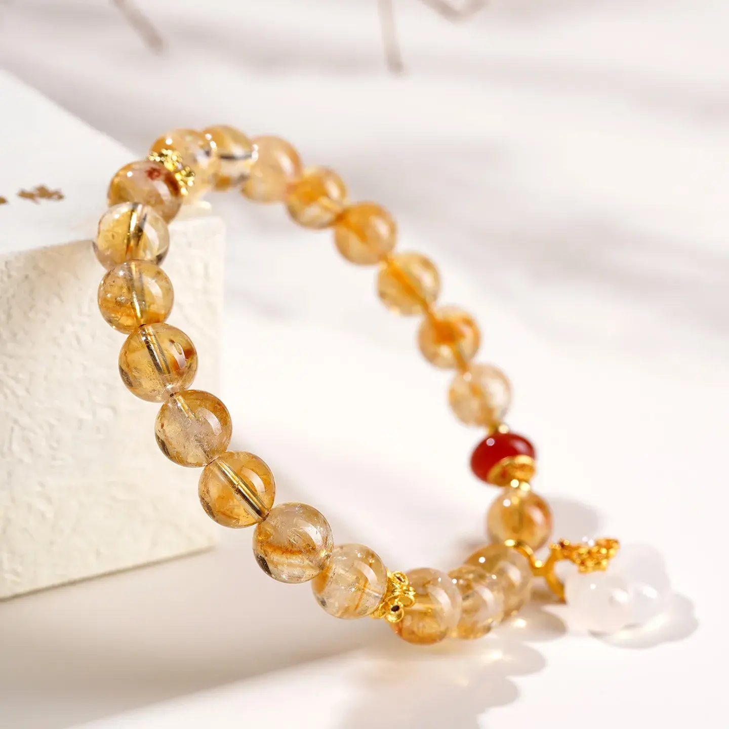 Natural Tower Citrine Bracelet - Handcrafted White Agate Ruyi Amulet (4) Natural Tower Citrine Bracelet - Handcrafted White Agate Ruyi Amulet