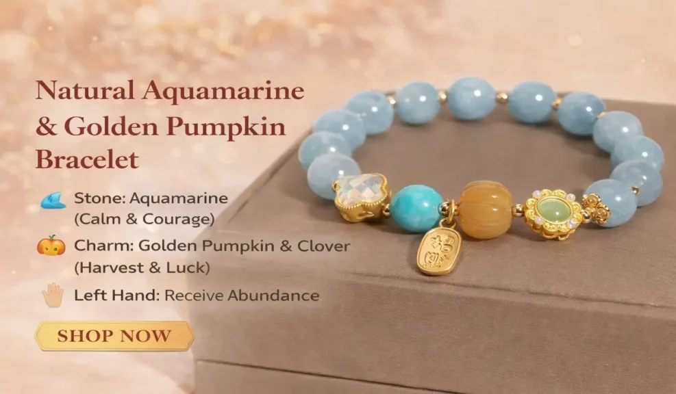 Blue Lace Agate: Healing Properties for Anxiety and Peaceful Communication 4 - Buddha Bodhis Natural Aquamarine & Golden Pumpkin Bracelet | Calm, Luck & Abundance