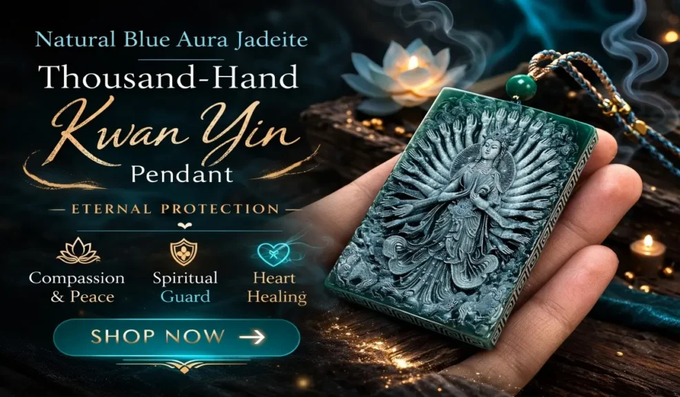 The Meaning and Symbolism of Guan Yin Pendants: A Guide to Compassion and Protection 4 - Buddha Bodhis Natural Blue Aura Jadeite Thousand-Hand Kwan Yin & Dragon Pendant | Eternal Protection