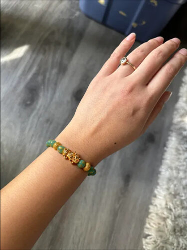 Click to view full screen Natural 10mm Green Aventurine Pixiu Bracelet | Om Mani Padme Hum for Luck & Wealth