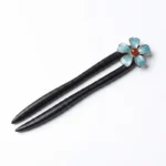 Morning Flower Natural Ebony Wood Hairpin – Vintage Elegance & Timeless Sophistication - Buddha Bodhis ebony-wood-floral-hair-stick-blue-flower