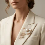 Gold White Freshwater Pearl Seawater Mother of Pearl Camellia Brooch – Timeless Elegance & Sophisticated Charm 1 - Buddha Bodhis mother-of-pearl-camellia-gold-pearl-brooch-fashion-model