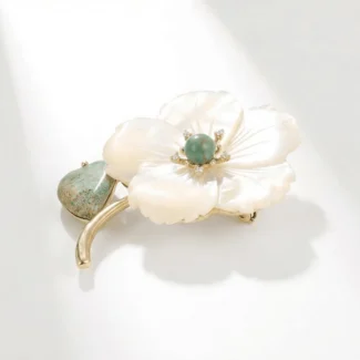 Home 16 - Buddha Bodhis mother-of-pearl-flower-brooch-with-turquoise-leaf