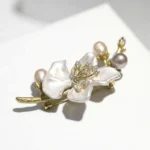 Freshwater Pearl Enamel Begonia Flower Brooch for French Elegance & Timeless Sophistication - Buddha Bodhis white-floral-pearl-brooch