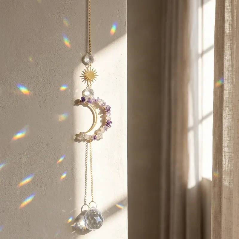 Colorful Fluorite Crystal Moon Sun Catcher – Wisdom, Clarity & Positive Energy-2 Colorful Fluorite Crystal Moon Sun Catcher – Wisdom, Clarity & Positive Energy-2