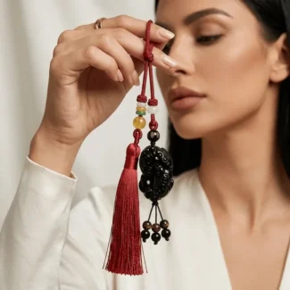 Red Tassel Obsidian Pixiu Car Hanging Ornament – Protection, Prosperity & Peace-1