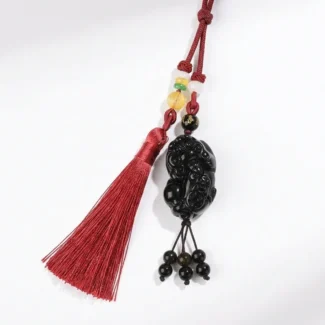 Red Tassel Obsidian Pixiu Car Hanging Ornament – Protection, Prosperity & Peace