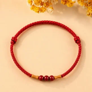 Chinese-Style Peach Wood & Cinnabar Bamboo-Knot Braided Red Cord Bracelet – Peace, Protection & Auspicious Growth (3)