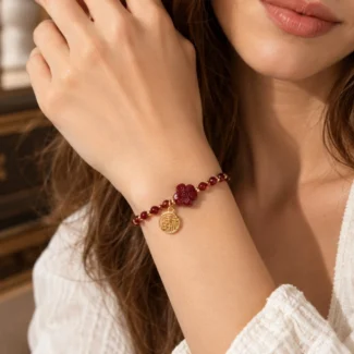 Home 59 - Buddha Bodhis Garnet & Cinnabar Flower Fu Charm Bracelet – Lucky Red Gemstone Jewelry (1)